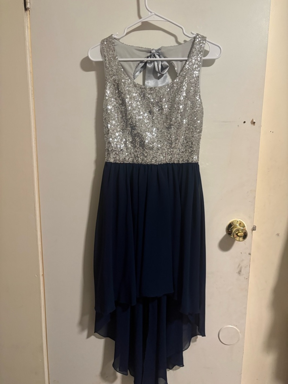Silver Sequin & Navy High-Low Prom/HOCO Dress